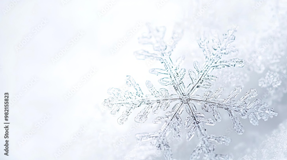 Poster a close-up view of a delicate snowflake resting on a soft, white surface, showcasing its intricate s