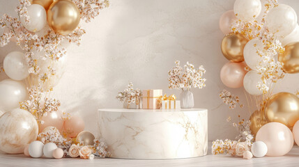 A luxurious marble podium with gold accents, surrounded by pastel balloons, floral decorations, and a beautifully wrapped gift box for a special Mother's Day.