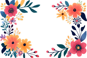 Bright and lively floral border design with an array of multicolored flowers, isolated on white