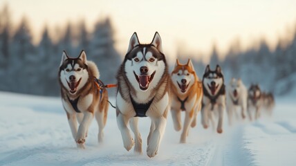 Naklejka premium A team of huskies running joyfully in the snow, showcasing the spirit of adventure and teamwork in a winter landscape.