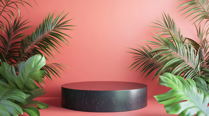 A minimalist 3D podium with a glossy black surface, framed by tropical palm leaves, set against a bold pink wall for a striking contrast.