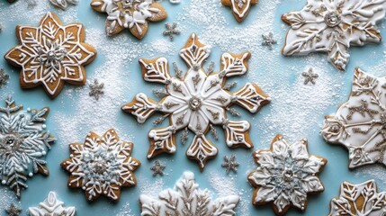 Fototapeta premium Delightful snowflake-shaped cookies adorned with icing, perfect for winter festivities and holiday celebrations.