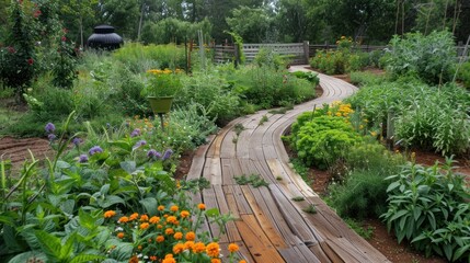 Obraz premium Wooden Pathway Through a Lush Garden