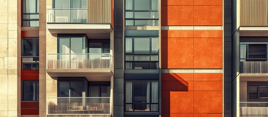 Modern apartment buildings featuring windows and balconies complemented by outdoor facilities showcasing a contemporary European architectural style Mixed media representation