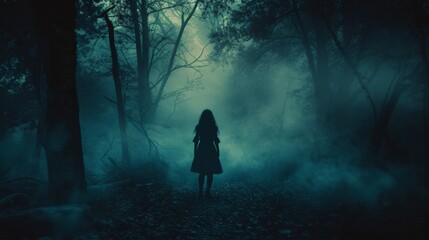 Fototapeta premium Mysterious Woman in a Foggy Forest Path - Dark Nature Photography