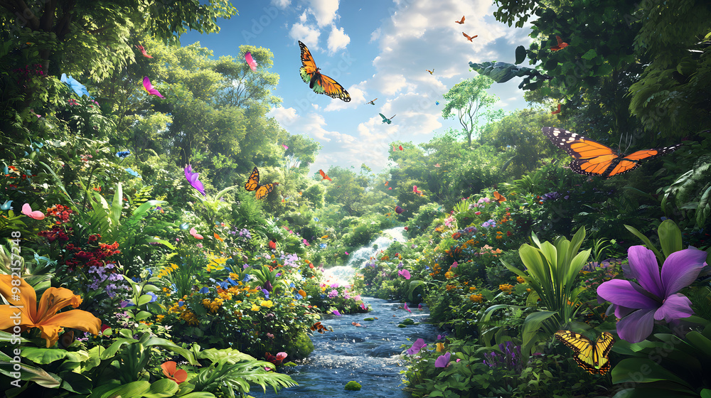 Canvas Prints  featuringa vibrant forest with a streamm flowing through it, surrounded by lush greenery