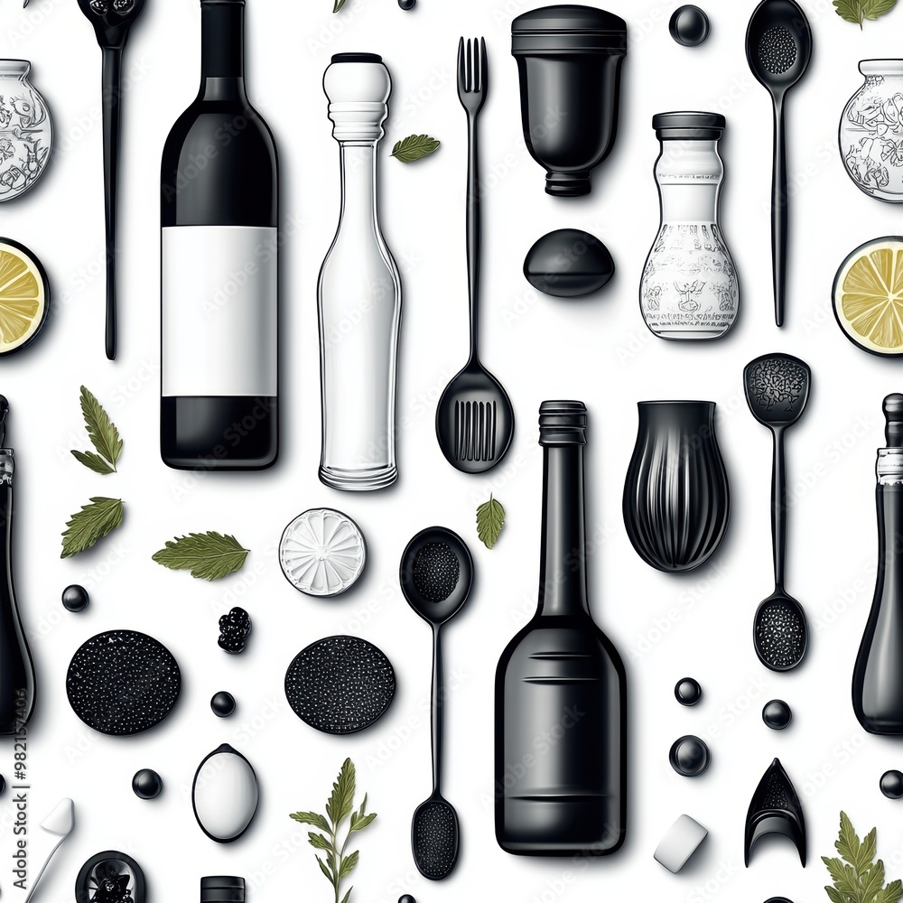 Wall mural Black & White Food Pattern.