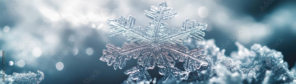 Poster close-up of a delicate snowflake resting on a bed of ice, showcasing intricate patterns and shimmeri
