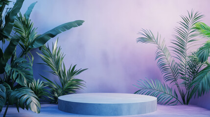 Obraz premium A futuristic 3D podium with a matte grey surface, surrounded by soft green palm leaves, set against a gradient blue-to-purple wall for a modern tropical feel.