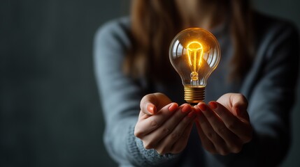 A woman holding a glowing lightbulb with both hands, symbolizing creativity and inspiration. The soft, warm light contrasts with the dark background, highlighting the idea of innovation