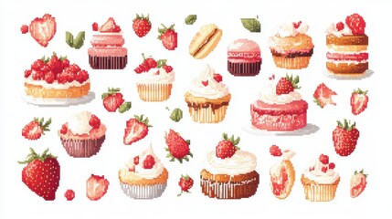Vector illustration Cross stitch Sweet dessert set with strawberry cake,cupcake,macaroon,sweets pixel art set of icons,vintage, 8 bit, bakery menu,copy space.
