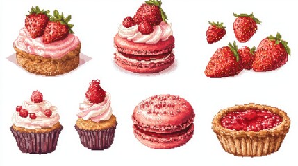 Vector illustration Cross stitch Sweet dessert set with strawberry cake,cupcake,macaroon,sweets pixel art set of icons,vintage, 8 bit, bakery menu,copy space.