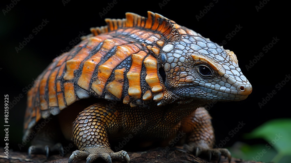 Wall mural A close-up portrait of a colorful, spiky, and armored lizard.