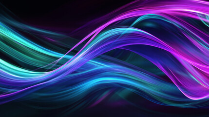 Fototapeta premium Vibrant, curving lines in electric colors of purple, teal, and green streaking across a dark background, forming an energetic abstract look.