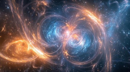 Fototapeta premium Abstract swirling light and nebula with orange and blue hues on a dark background.