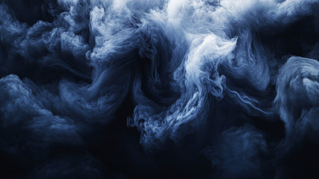 Dark, dramatic clouds of smoky navy blue and charcoal twist energetically, creating a bold, moody abstract background with dynamic movement.