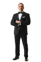 Obraz premium Corporate businessman in black suit standing front view isolated on white background