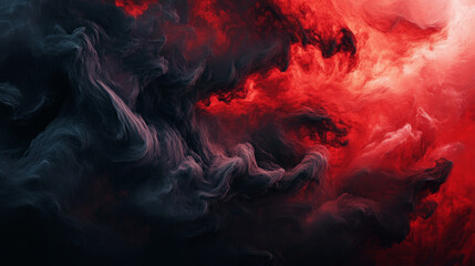 Bold, dark clouds of smoky red and black twist and turn, creating a dramatic and intense abstract background with flowing, organic shapes.