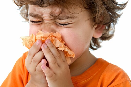 Young boy sneezing into tissue against a clean white background for health awareness