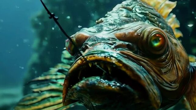 Ancient prehistoric fish. deep sea angler fish close up