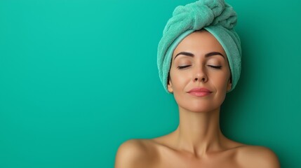 A serene woman with a towel wrapped around her head, eyes closed, standing against a bright green background, enjoying a relaxing and rejuvenating spa moment