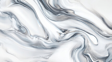 Realistic liquid marble with soft white and pale grey swirls, enhanced by shimmering silver veins flowing through, creating a cool and sophisticated design.