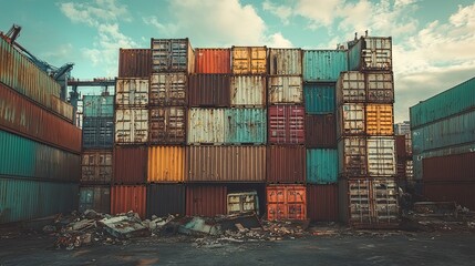 Fototapeta premium Stacked shipping containers with debris in front