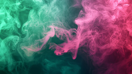 Bright, swirling smoke in shades of neon pink and electric green forms bold, energetic shapes, creating a striking abstract background with vibrant colors.
