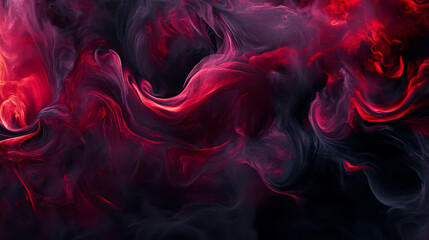 Dark, dramatic plumes of smoky black and deep maroon twist dynamically, forming an intense, mysterious abstract background with flowing, organic forms.