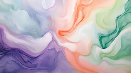 Obraz premium Vibrant fluid swirls of light green, lavender, and coral, blending softly across the canvas in a dynamic yet gentle flow.