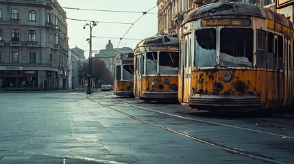 Naklejka premium Abandoned Tram Cars Parked on a City Street