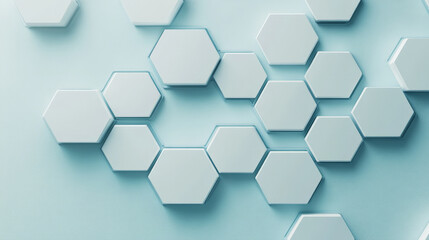 Minimalist design featuring a white hexagon grid on a soft blue gradient, representing efficient digital networking in a clean, professional style.
