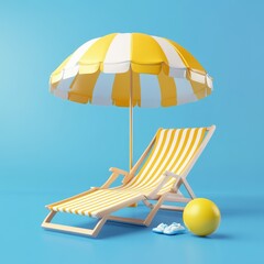 3d Beach Chair Yellow Umbrella and Ball Summer holiday Time to travel concept
