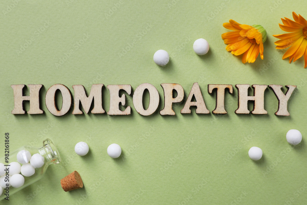 Canvas Prints Word Homeopathy, pills and medicinal herbs on olive background, flat lay