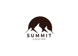 Emblem Label Logo design of Top Summit Peak with Sun or Moon for Mountain Adventure Outdoor Business