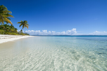 Fototapeta premium Idyllic tropical beach with crystal clear water, white sand, and palm trees swaying in the breeze under a bright blue sky