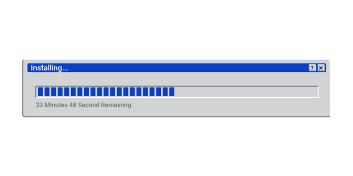 Retro installing program in blue color. Old setup program for Pc. Progress bar on screen.
