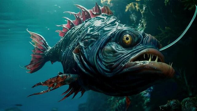 Ancient prehistoric fish. deep sea angler fish close up