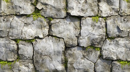Close-up of a rough, weathered stone wall covered in green moss.