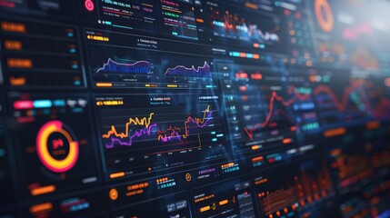Obraz premium A computer screen displays a variety of colorful graphs and numbers
