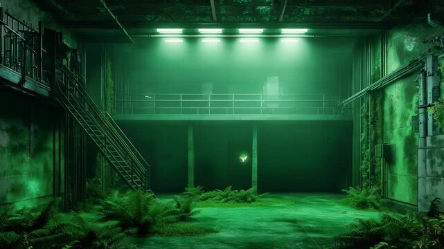 Abandoned underground facility. Concrete walls. Metal staircases. Overgrown vegetation. Glowing green aurora. Misty atmosphere. Eerie silence. Cool, damp air. Rough textures. Wide-angle perspective. 