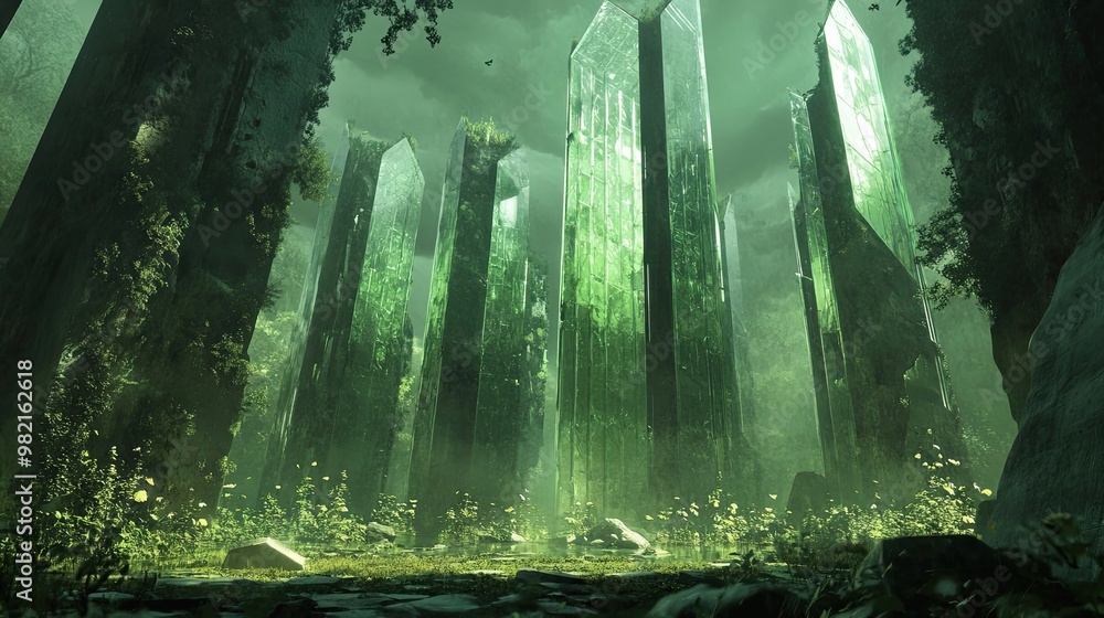 Wall mural Lush Green Forest with Tall Crystal Structures