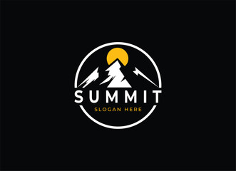 Emblem Label Logo design of Top Summit Peak with Sun or Moon for Mountain Adventure Outdoor Business