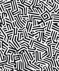 A complex pattern of abstract black and white lines creating a visually intriguing design.
