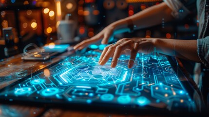 A person is using a computer with a blue screen