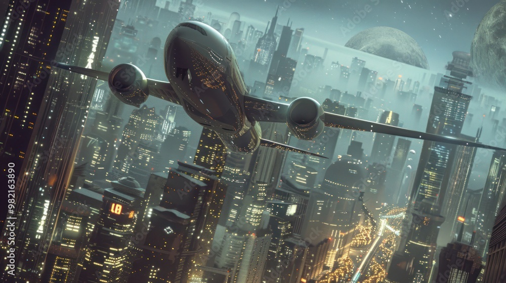 Wall mural futuristic cityscape with airplane