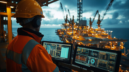 A worker monitors offshore drilling operations from a control room with advanced technology at sunset overlooking the ocean.