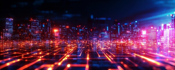 Obraz premium Urban infrastructure hologram, glowing neon lights, smart city blueprint, futuristic data visualization