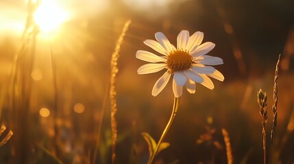 A single daisy stands out against a golden sunset background.