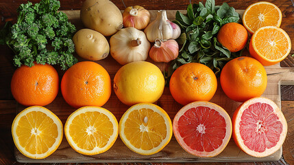 Fresh Citrus Fruits and Garlic on Wooden Board